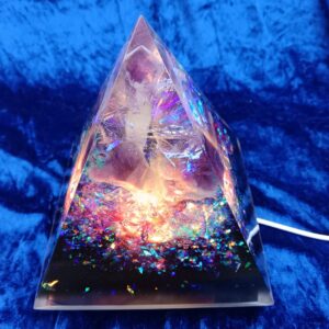 Large Oraphim Orgone Amethyst Pyramids with Lights (5 Amethyst and Silver Activated Shungite) and Book 'EMF Poisoned to Harmonized' By C.Spray